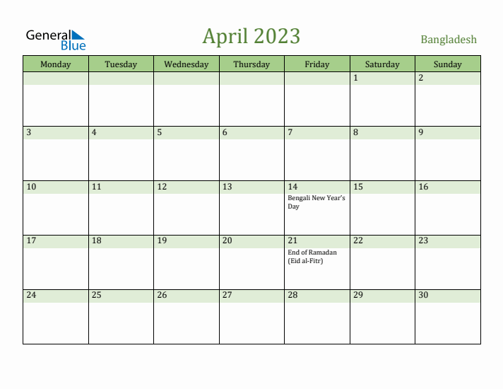 April 2023 Calendar with Bangladesh Holidays