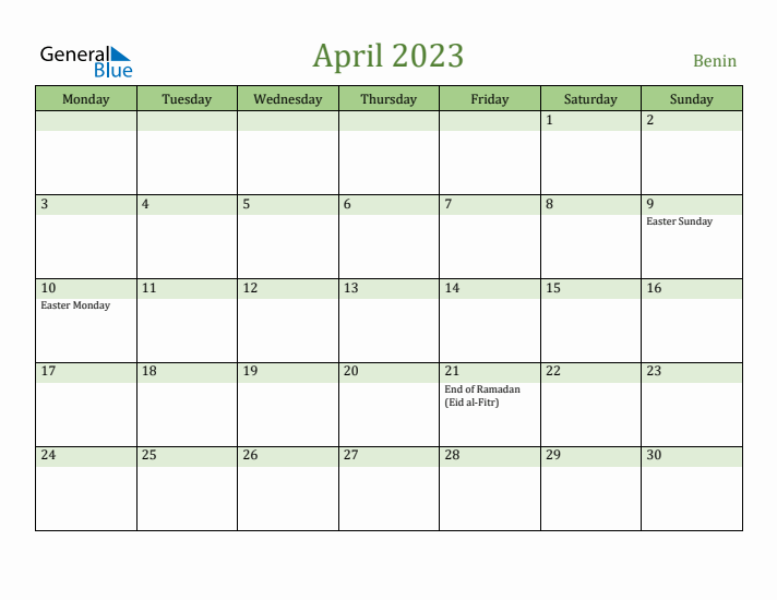 April 2023 Calendar with Benin Holidays