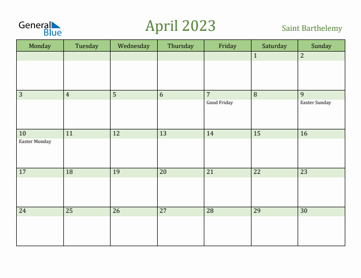 April 2023 Calendar with Saint Barthelemy Holidays