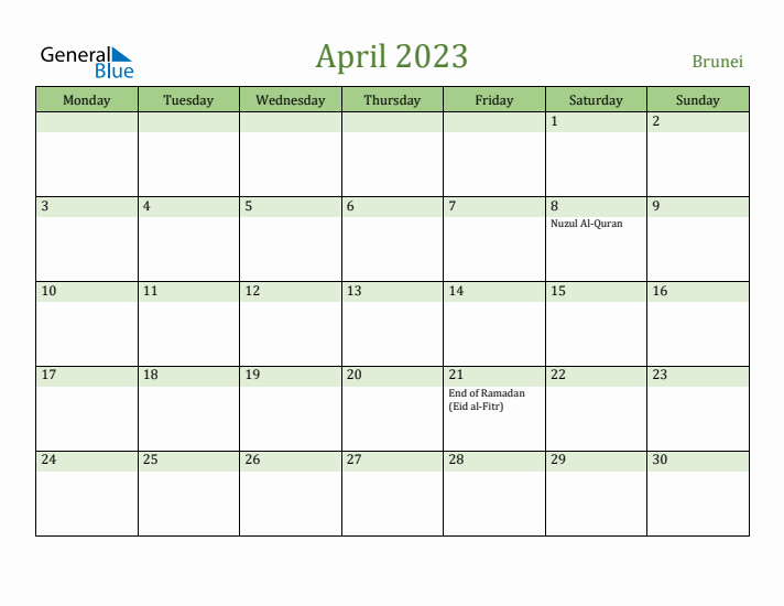 April 2023 Calendar with Brunei Holidays