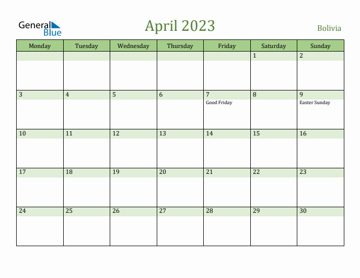 April 2023 Calendar with Bolivia Holidays