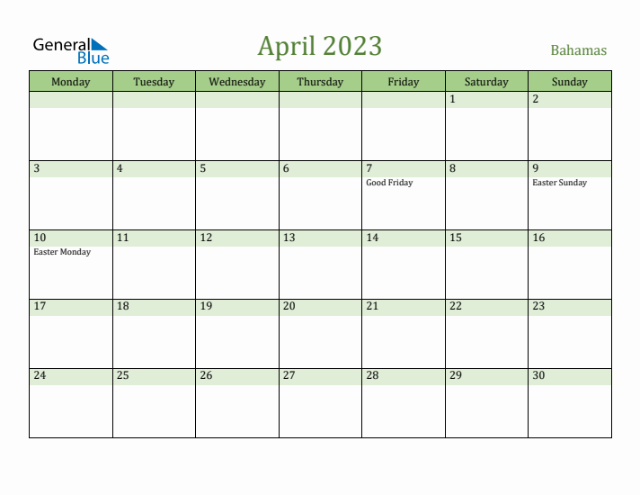 April 2023 Calendar with Bahamas Holidays