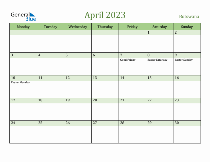 April 2023 Calendar with Botswana Holidays