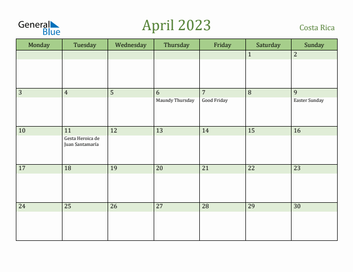 April 2023 Calendar with Costa Rica Holidays