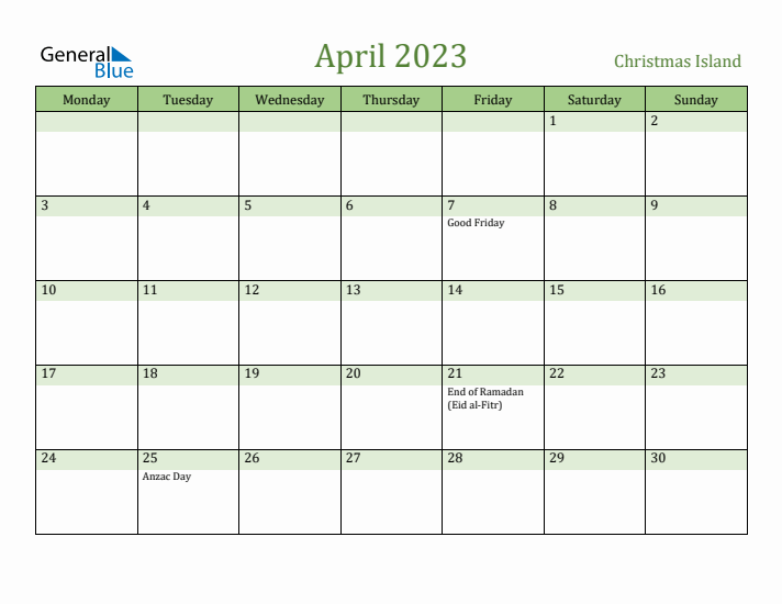 April 2023 Calendar with Christmas Island Holidays