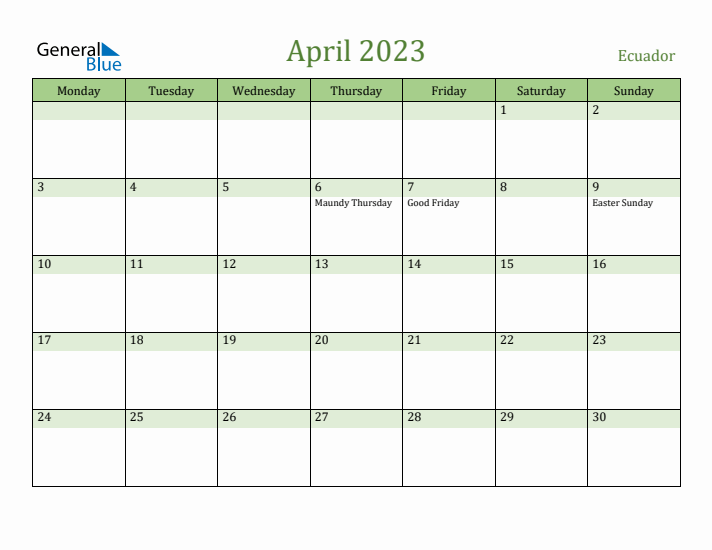 April 2023 Calendar with Ecuador Holidays