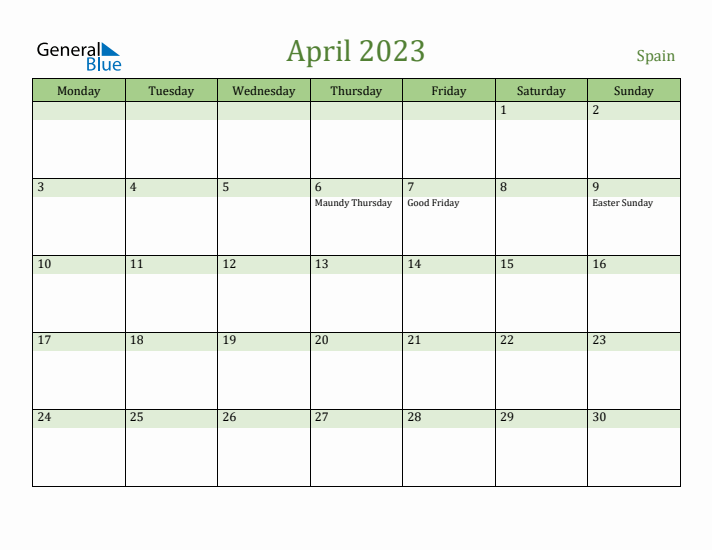 April 2023 Calendar with Spain Holidays