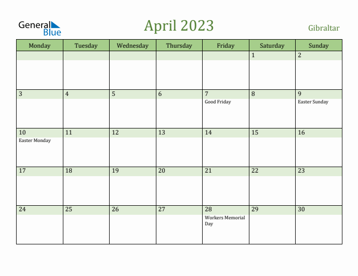 April 2023 Calendar with Gibraltar Holidays