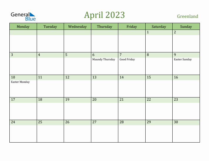 April 2023 Calendar with Greenland Holidays