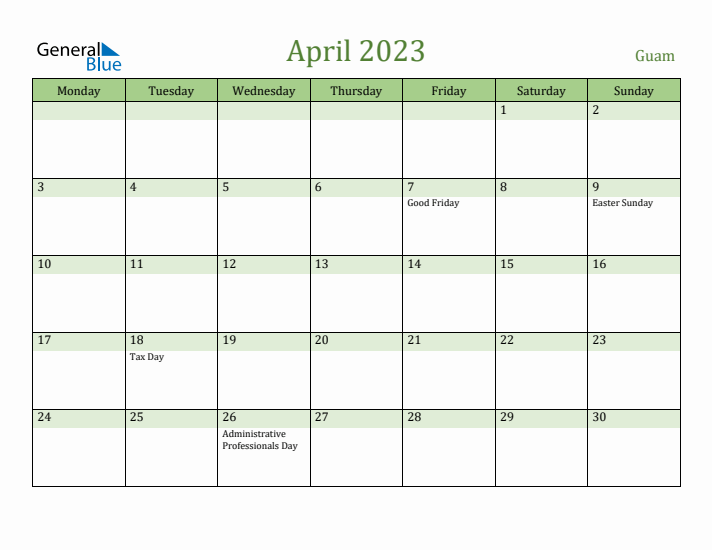 April 2023 Calendar with Guam Holidays