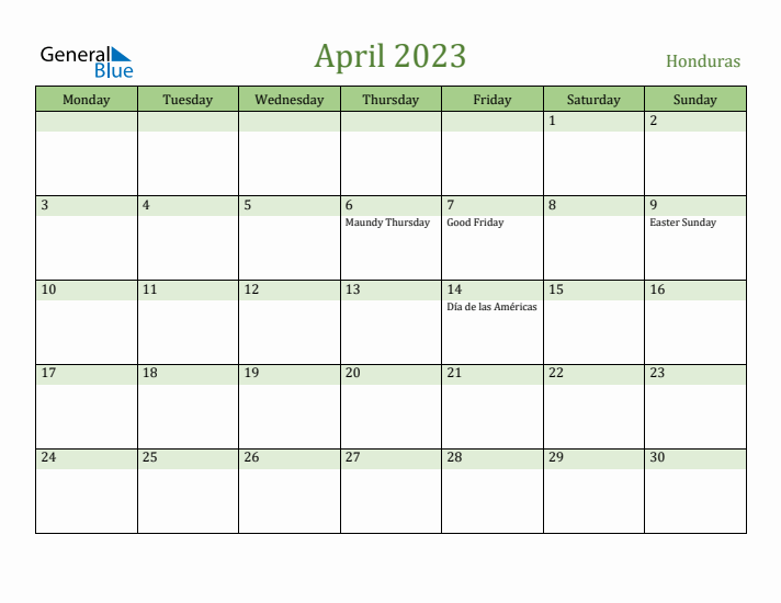 April 2023 Calendar with Honduras Holidays