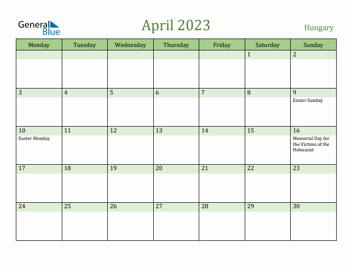 April 2023 Calendar with Hungary Holidays