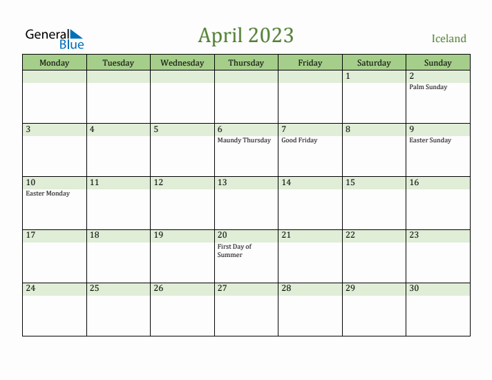 April 2023 Calendar with Iceland Holidays