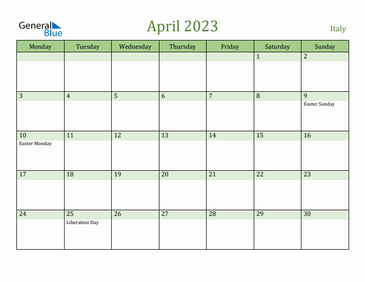 April 2023 Calendar with Italy Holidays