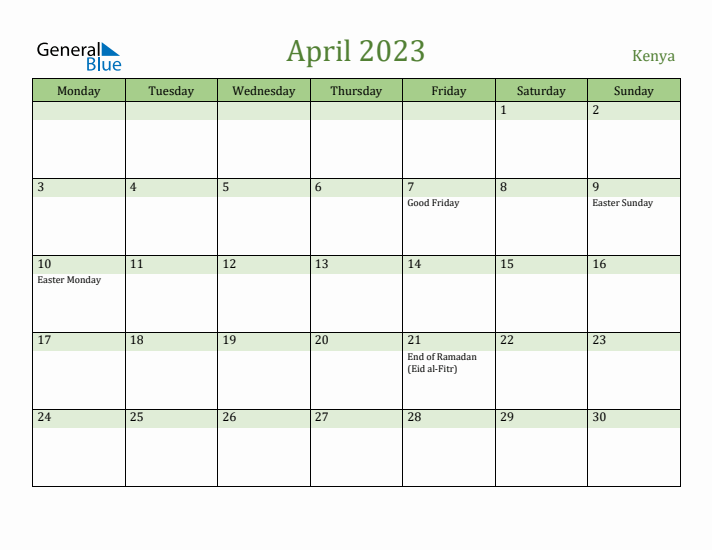 April 2023 Calendar with Kenya Holidays