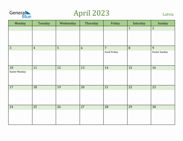 April 2023 Calendar with Latvia Holidays