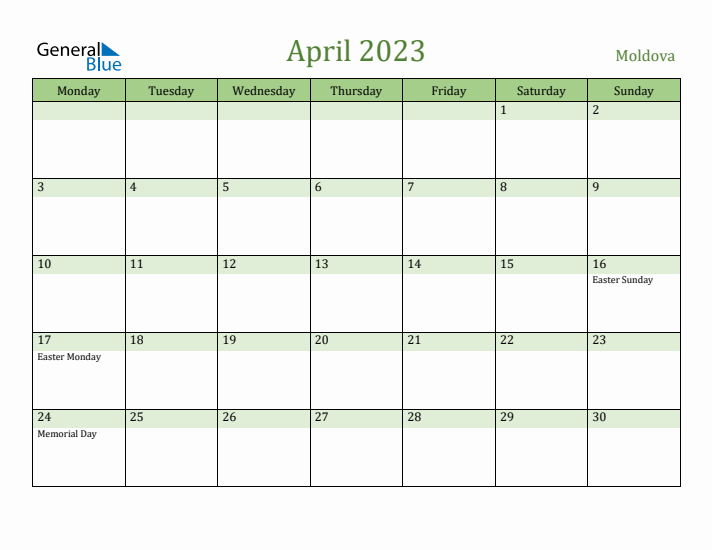 April 2023 Calendar with Moldova Holidays