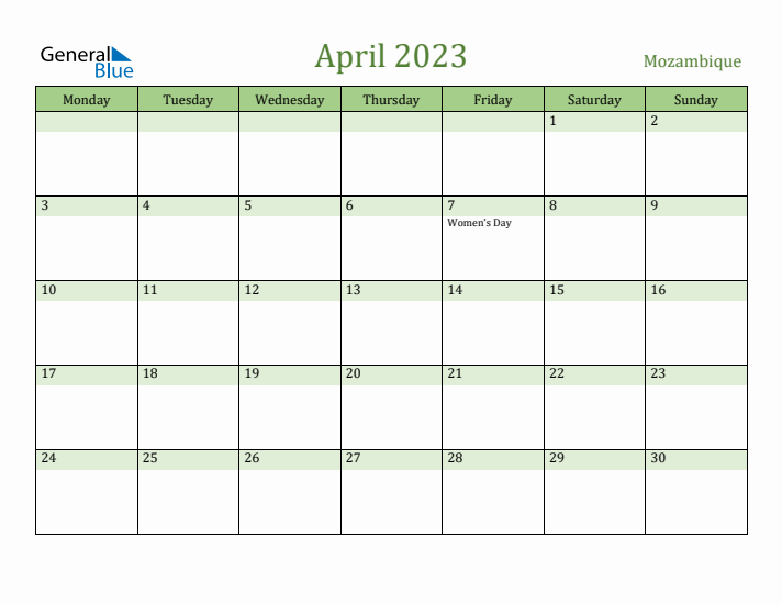 April 2023 Calendar with Mozambique Holidays