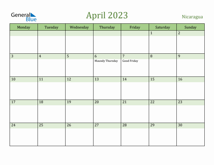 April 2023 Calendar with Nicaragua Holidays