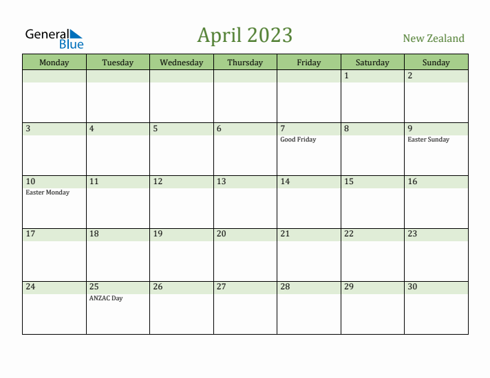 April 2023 Calendar with New Zealand Holidays