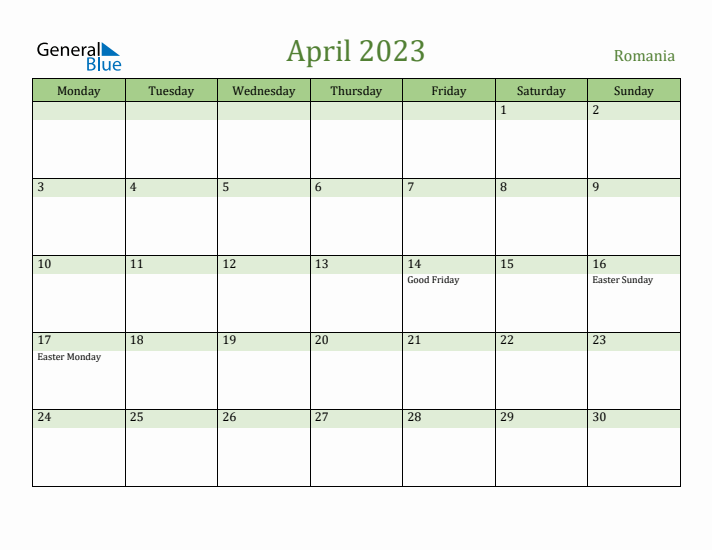 April 2023 Calendar with Romania Holidays