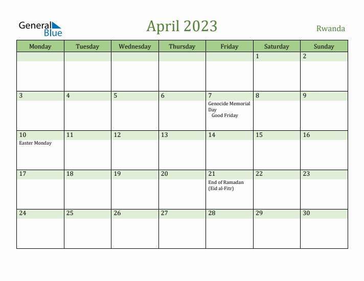 April 2023 Calendar with Rwanda Holidays