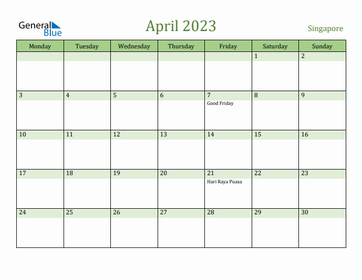 April 2023 Calendar with Singapore Holidays