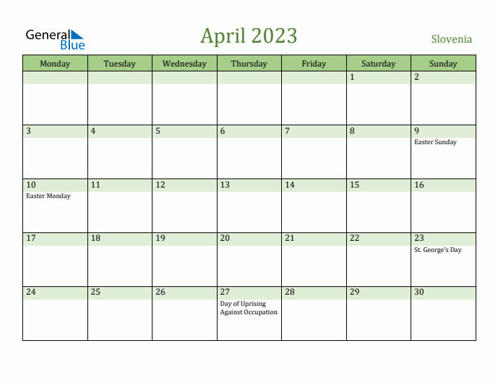 April 2023 Calendar with Slovenia Holidays