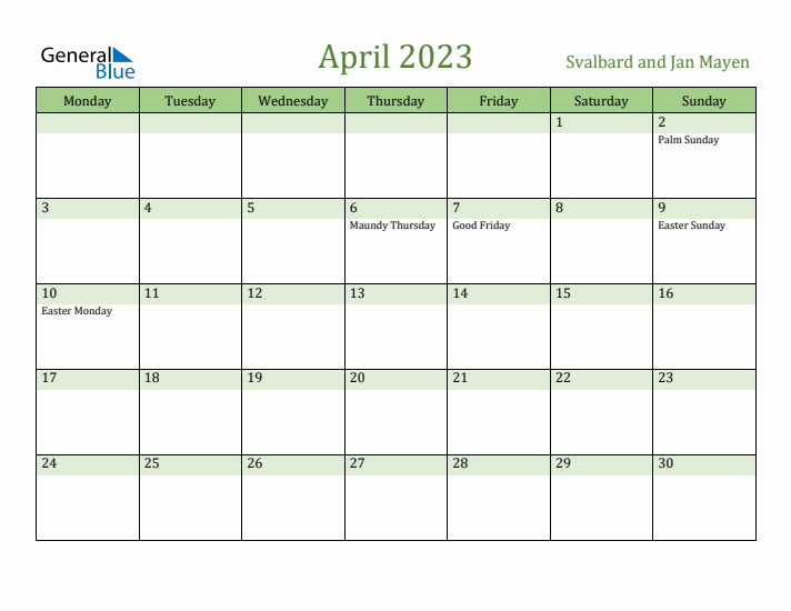 April 2023 Calendar with Svalbard and Jan Mayen Holidays