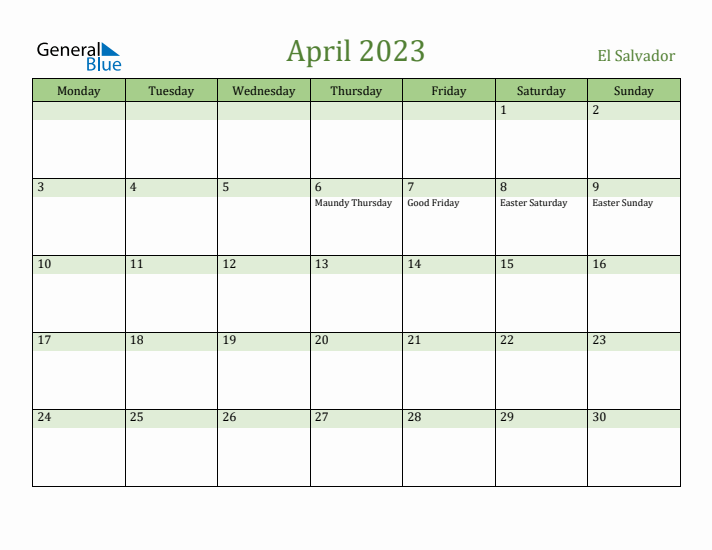 April 2023 Calendar with El Salvador Holidays