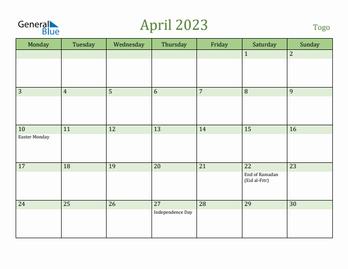 April 2023 Calendar with Togo Holidays