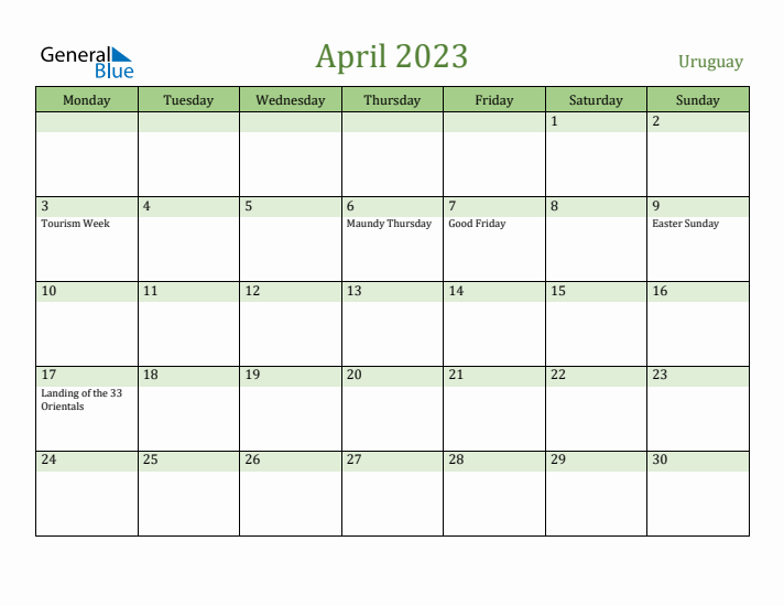 April 2023 Calendar with Uruguay Holidays