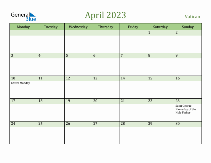 April 2023 Calendar with Vatican Holidays