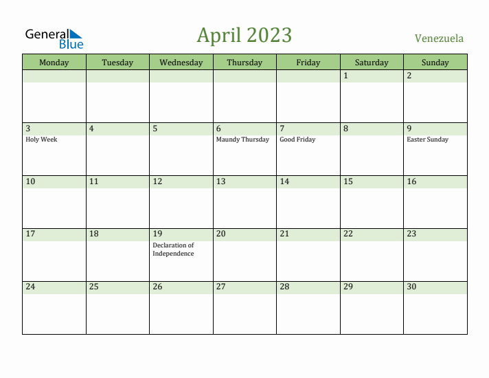 April 2023 Calendar with Venezuela Holidays