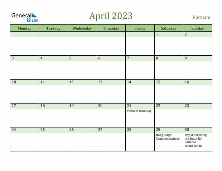 April 2023 Calendar with Vietnam Holidays