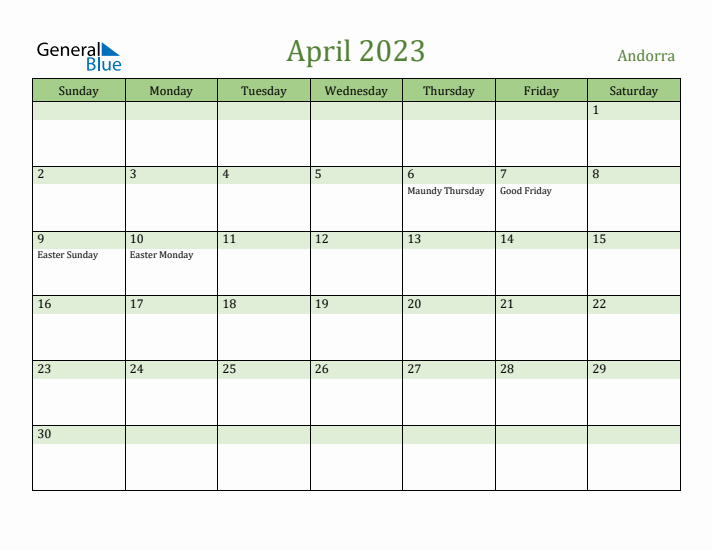 April 2023 Calendar with Andorra Holidays