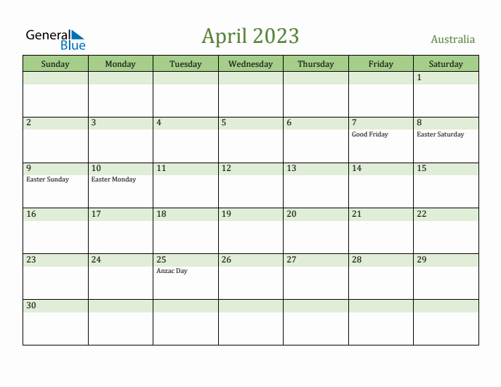 April 2023 Calendar with Australia Holidays