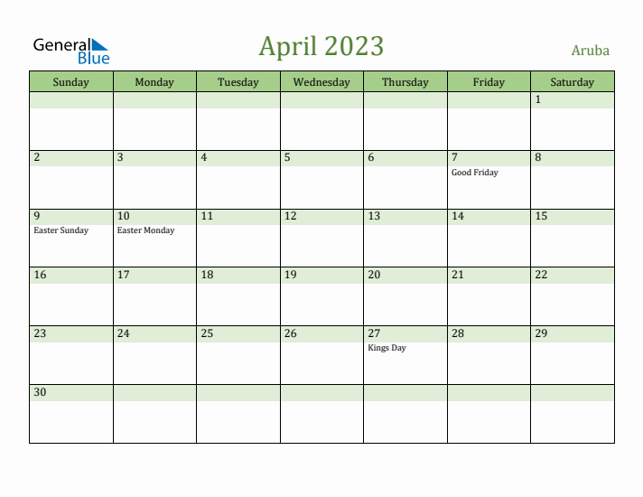 April 2023 Calendar with Aruba Holidays