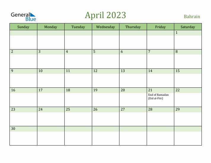 April 2023 Calendar with Bahrain Holidays