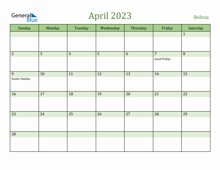 April 2023 Calendar with Bolivia Holidays