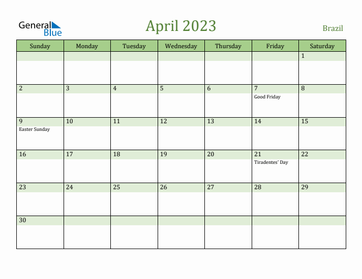 April 2023 Calendar with Brazil Holidays