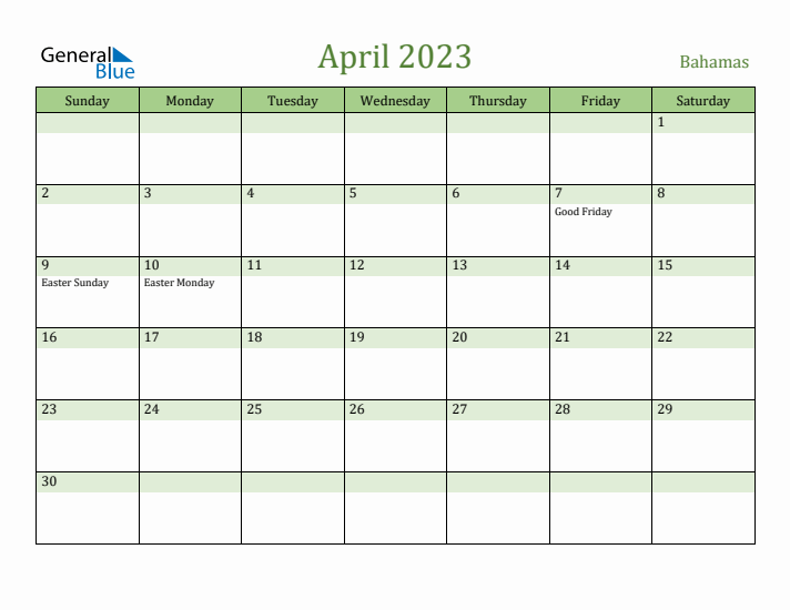 April 2023 Calendar with Bahamas Holidays