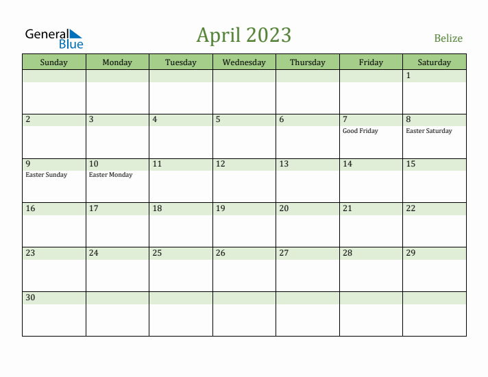 April 2023 Calendar with Belize Holidays