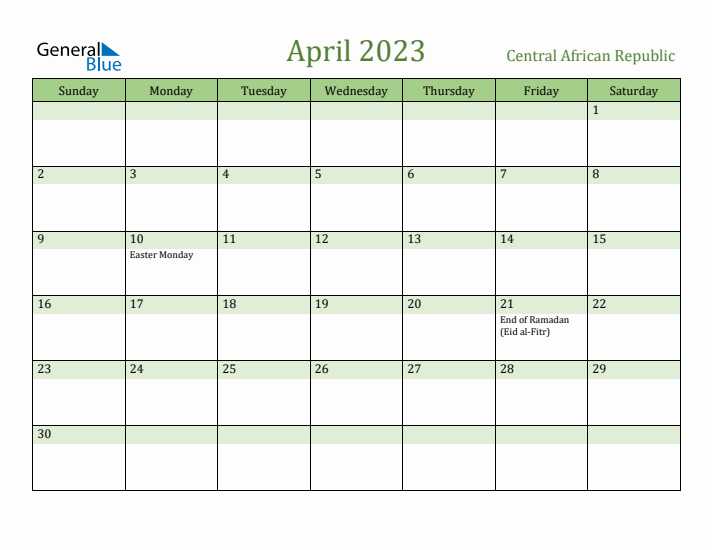 April 2023 Calendar with Central African Republic Holidays