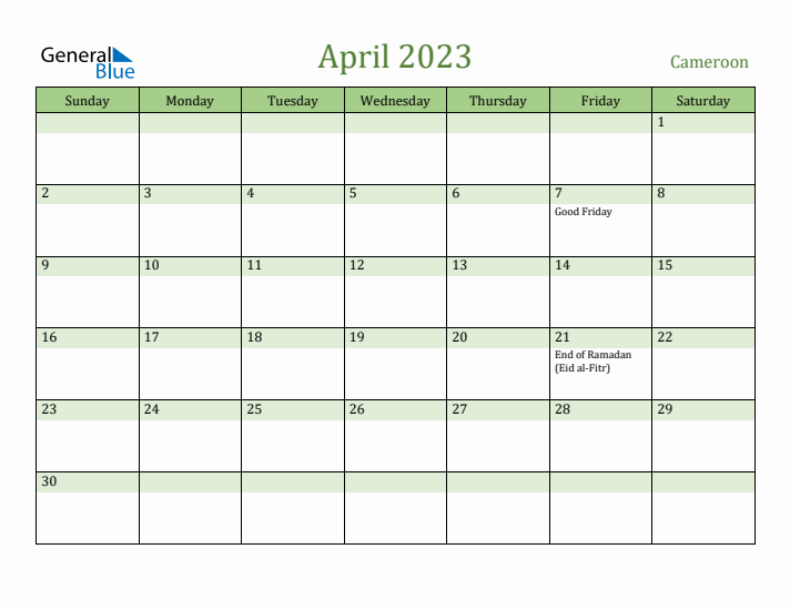 April 2023 Calendar with Cameroon Holidays