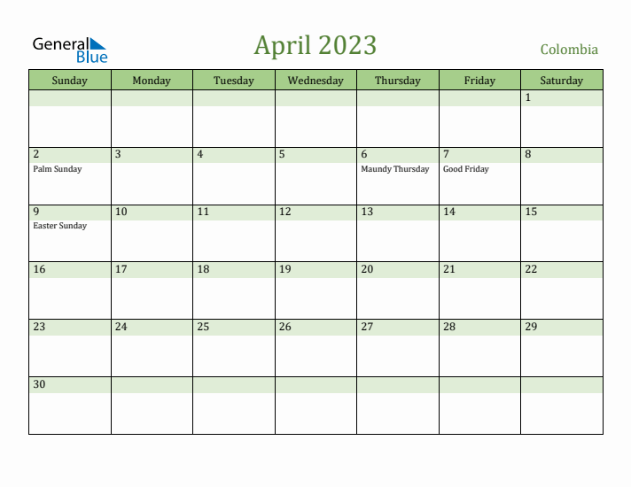 April 2023 Calendar with Colombia Holidays