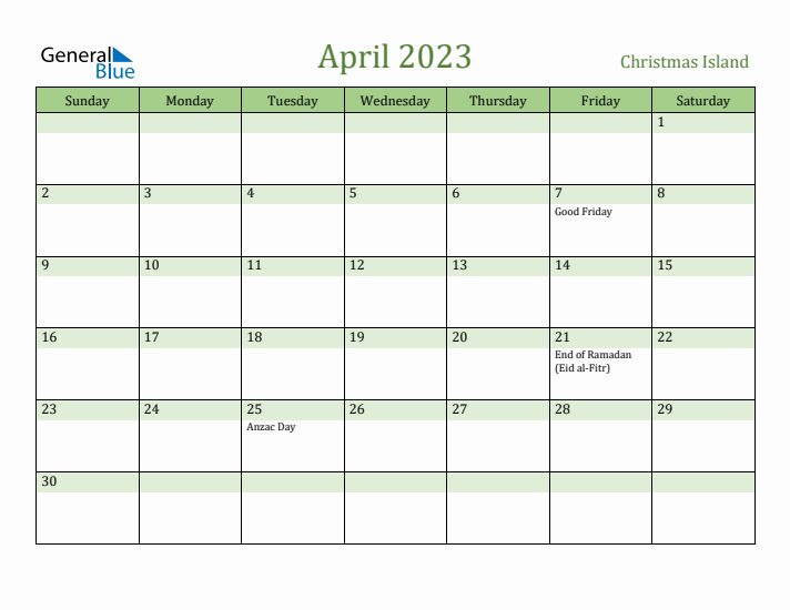 April 2023 Calendar with Christmas Island Holidays