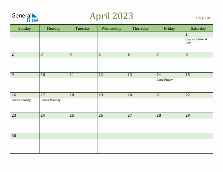 April 2023 Calendar with Cyprus Holidays