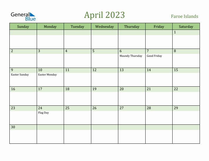 April 2023 Calendar with Faroe Islands Holidays