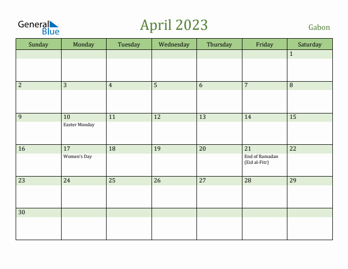 April 2023 Calendar with Gabon Holidays